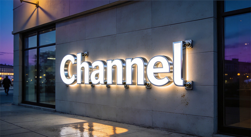 Storefront channel letter sign with illuminated commercial signage