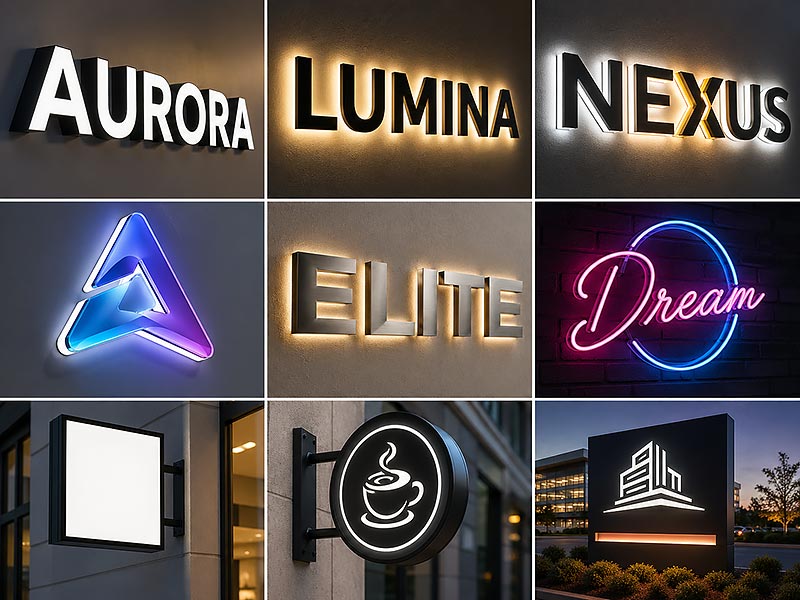 Custom LED sign types including channel letters, backlit letters, LED neon signs, acrylic signs and light boxes