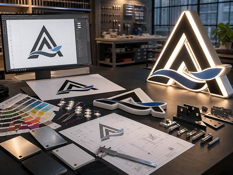 Custom LED sign customization with logo artwork, materials, LED modules, mounting parts and finished sign