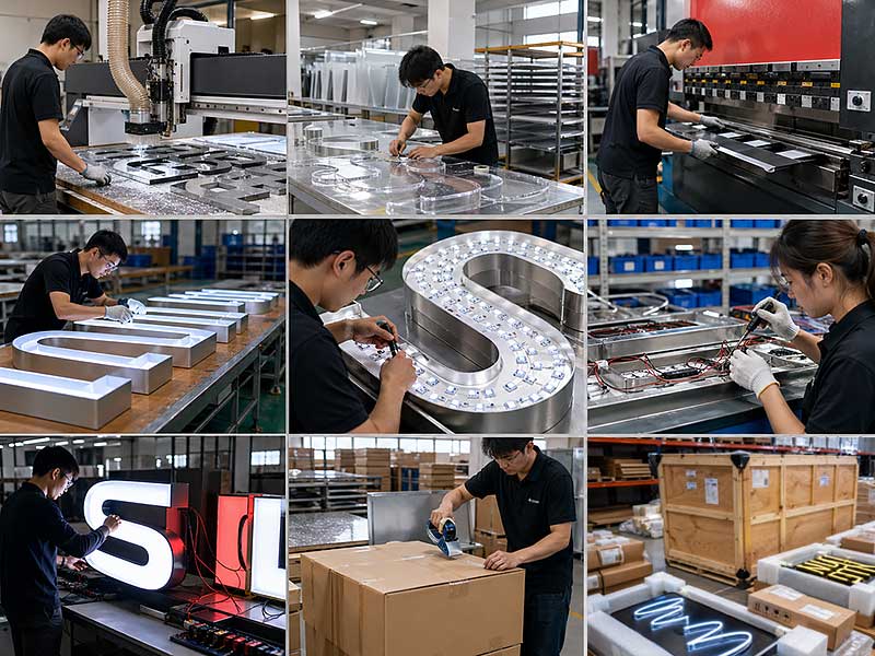 Custom LED sign manufacturing system with cutting, forming, LED assembly, wiring, testing and packaging