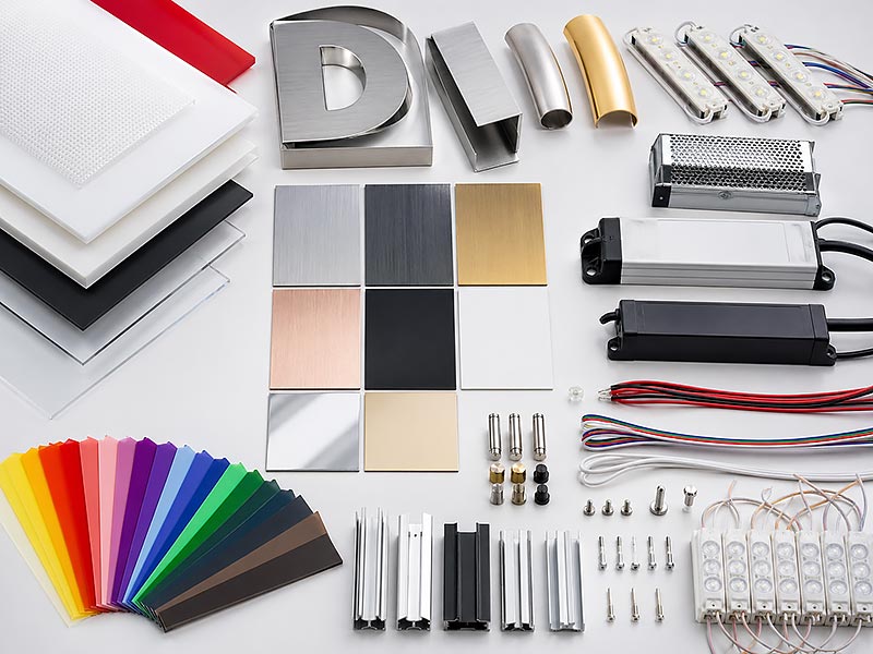 Materials for custom LED signs including acrylic, stainless steel, aluminum, LED modules and power supplies