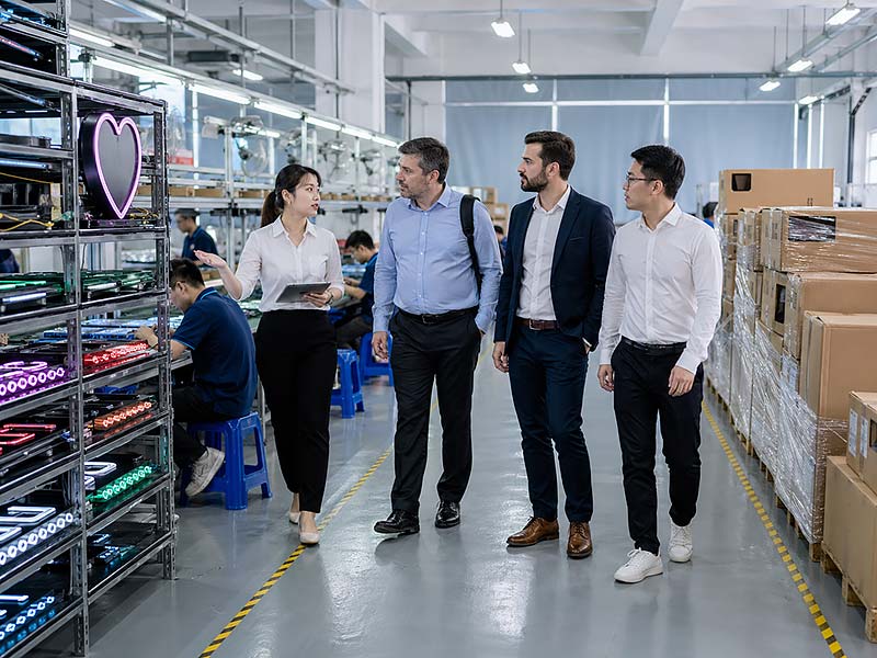 Factory visit for custom LED sign supplier verification in a Guangdong manufacturing facility
