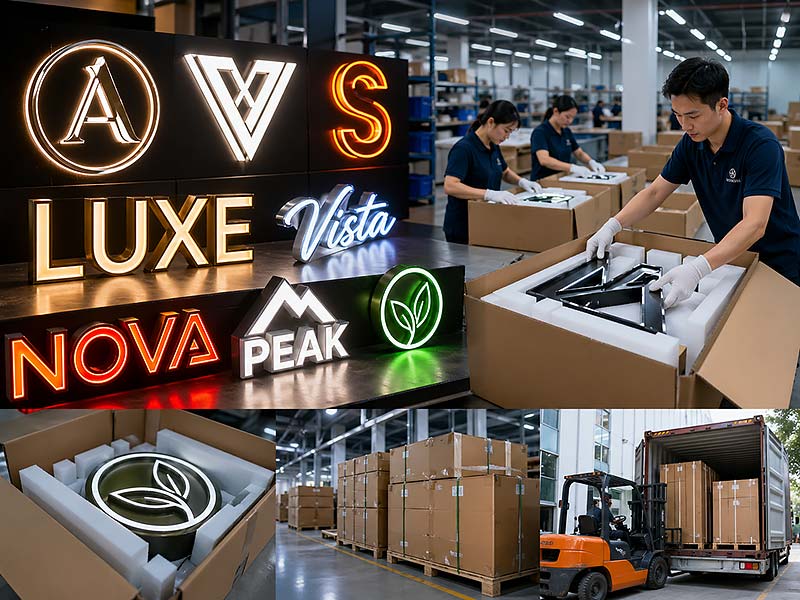 Finished custom LED sign ready for quotation production testing packaging and global delivery