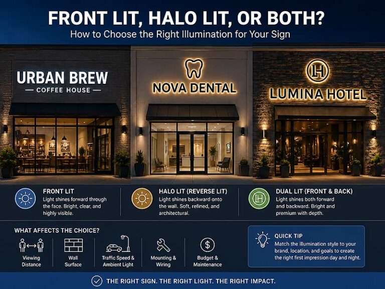 Front lit vs halo lit vs dual lit channel letter sign infographic for modern storefront illumination