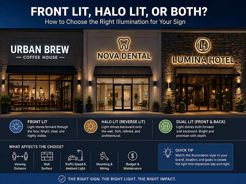 Front lit vs halo lit vs dual lit channel letter sign infographic for modern storefront illumination