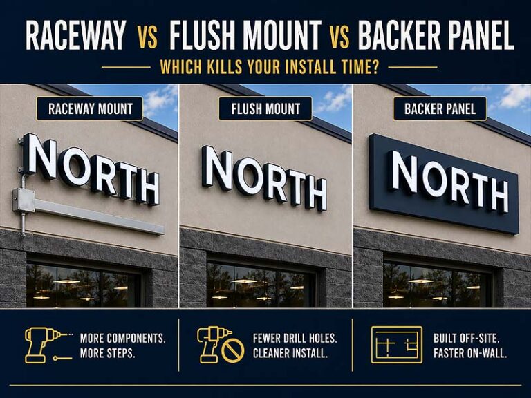 Infographic comparing raceway, flush mount, and backer panel mounting methods for channel letter signs, showing visual differences and installation impact.