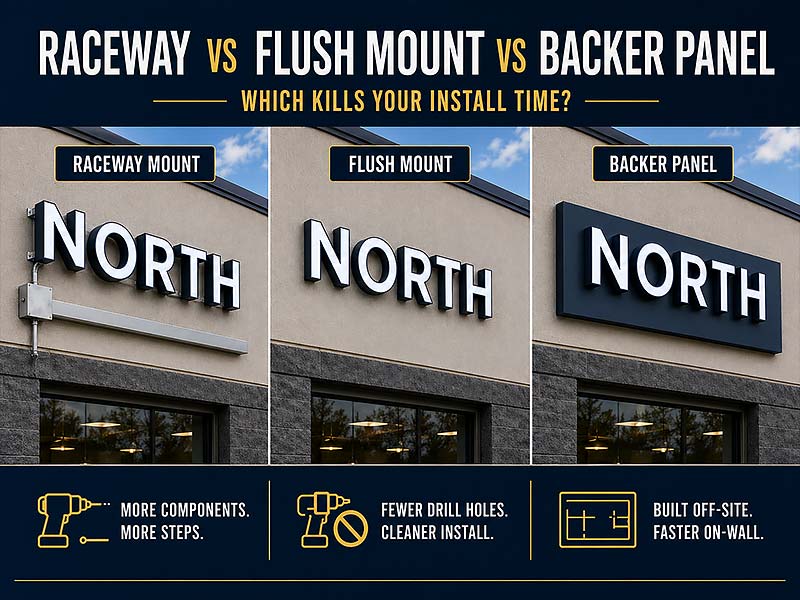 Infographic comparing raceway, flush mount, and backer panel mounting methods for channel letter signs, showing visual differences and installation impact.
