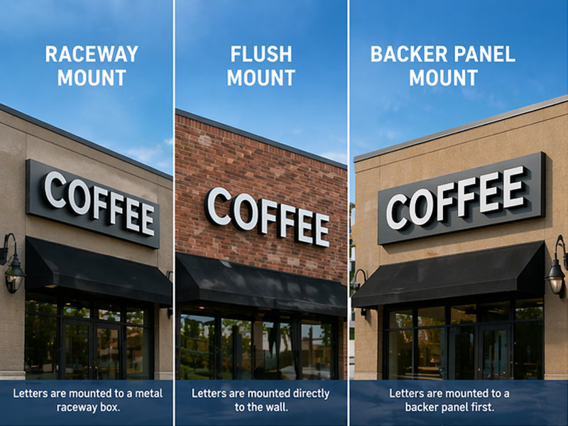 Comparison of raceway, flush mount, and backer panel channel letter signs on storefronts