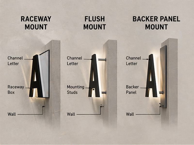 Diagram showing raceway mount, flush mount, and backer panel mount structures
