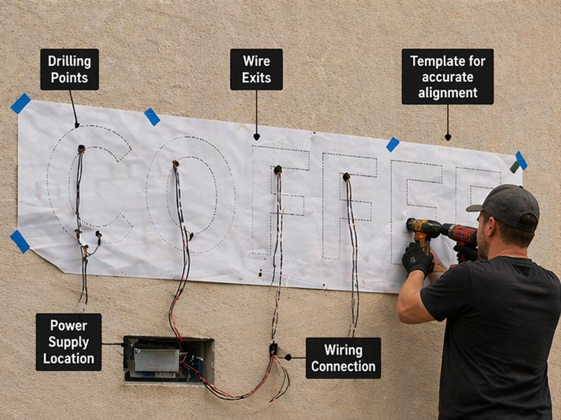 Channel letter drilling template and wiring layout during installation