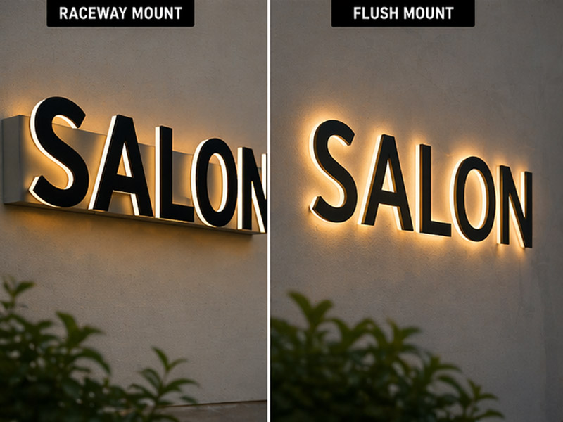 Premium halo-lit channel letter sign showing close-up visual finish and mounting effect