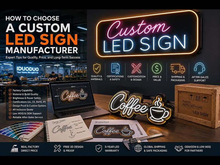 Custom LED sign manufacturer selection guide showing LED neon signs, design proof, quality checklist, certifications, shipping, and after-sales support