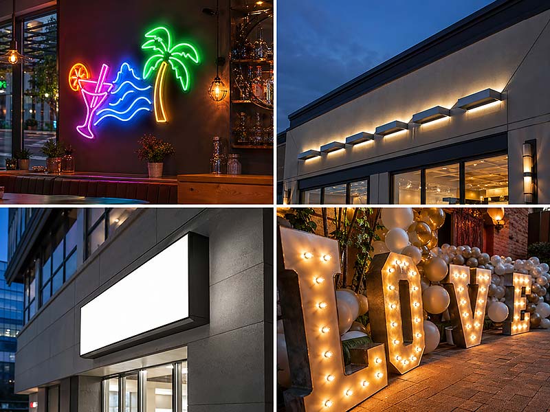 Comparison of custom LED neon signs, channel letters, light boxes, and marquee letters for commercial branding