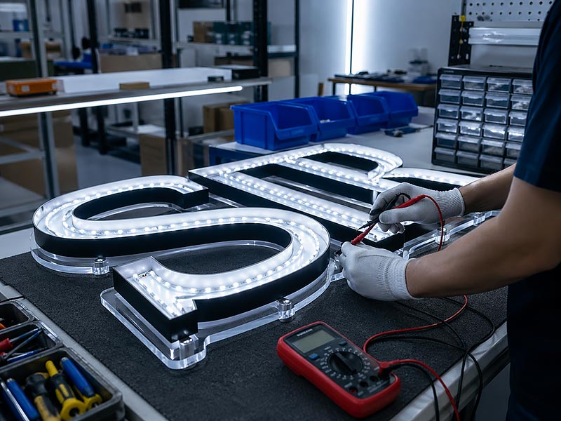 Custom LED sign quality inspection with lighting test, wiring check, acrylic backing, and finished signage