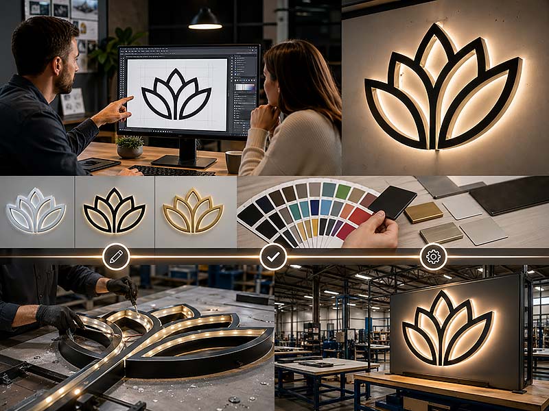 Custom LED sign design process from logo file and 3D proof to production confirmation