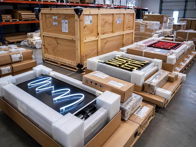 Custom LED signs prepared with protective export packaging for international shipping