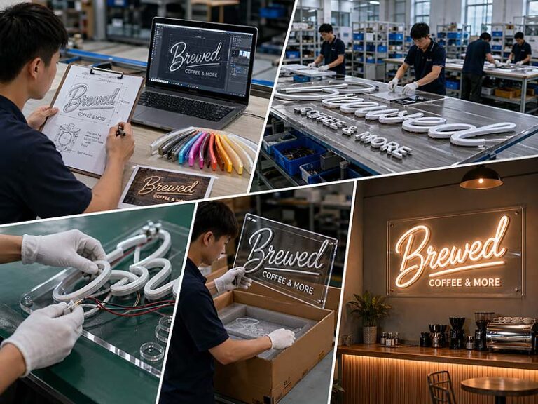 Reliable LED neon sign supplier in China with factory production, custom design proof, quality checklist, packaging, and finished café neon sign display.