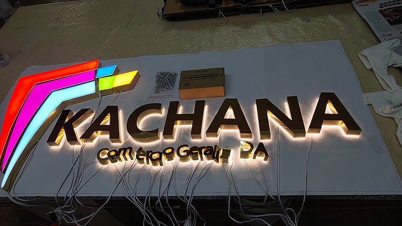 Close-up quality check of LED neon flex acrylic backboard wiring and power supply