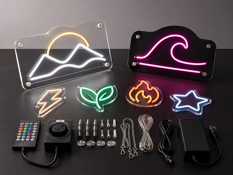 Custom LED neon sign options including acrylic backboards, RGB controller, dimmer, and mounting accessories