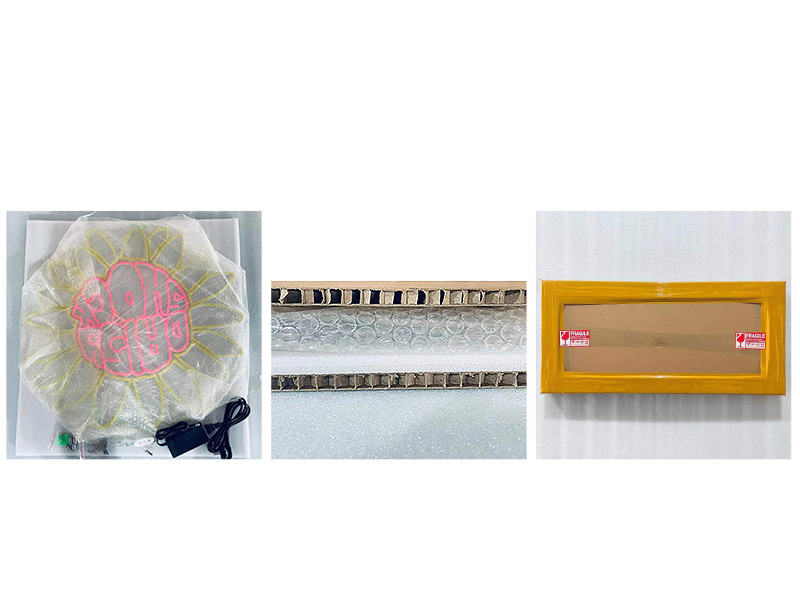 Custom LED sign export packaging with foam protection, power adapter, remote control, screws, and installation guide