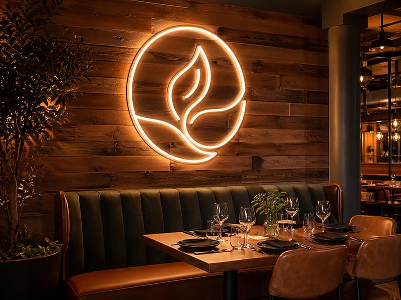 Warm white custom LED neon logo sign for a U.S. restaurant dining wall
