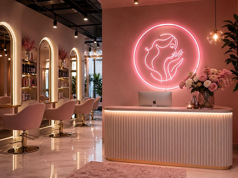 Soft pink custom LED neon sign for a Germany beauty salon photo wall