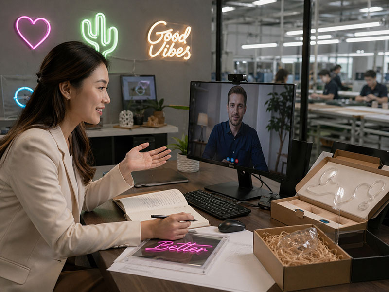 Iduoduo support team answering custom LED sign questions with samples, drawings, and packaging details
