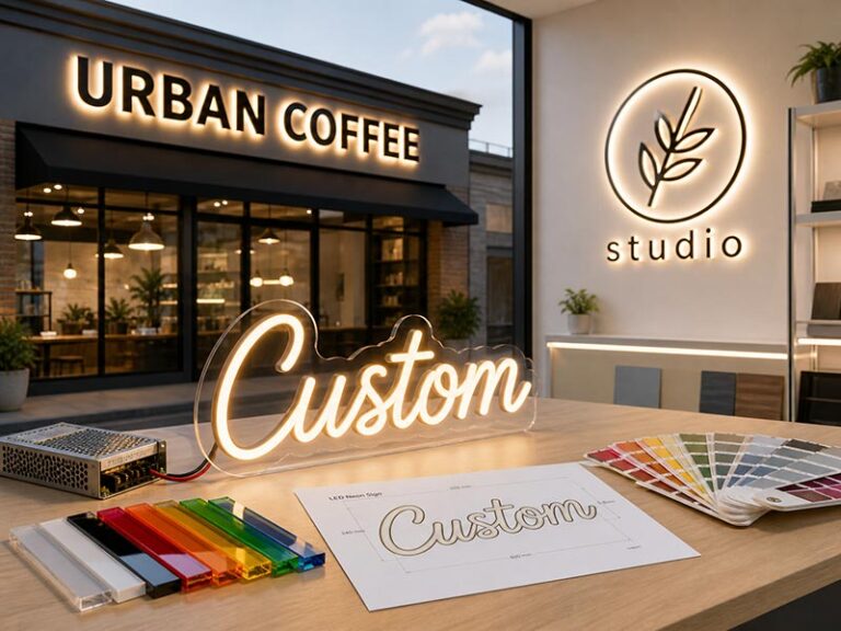 Custom LED sign supplier workspace with neon sign sample, color swatches, acrylic materials, and storefront signage