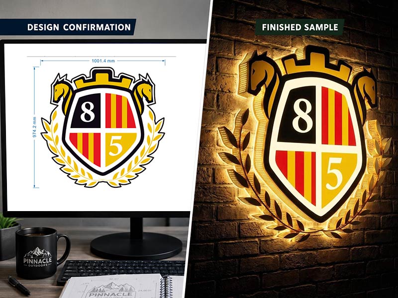 Custom LED sign production drawing and finished logo sample for business signage