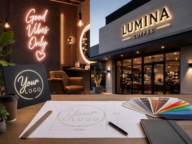 Custom LED sign design process with logo drawing, color samples, indoor neon sign, and illuminated storefront sign