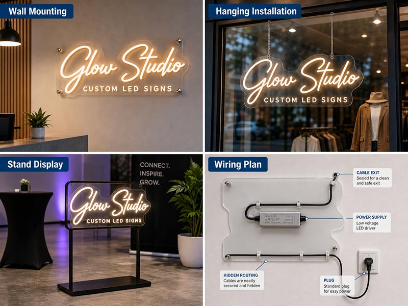LED neon sign mounting options with wall hanging stand and wiring details