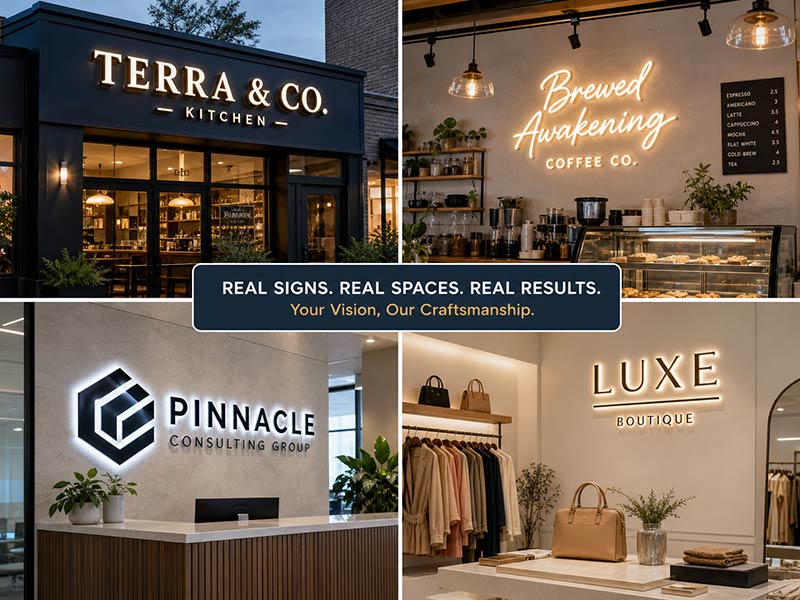 LED sign supplier project examples for storefronts, cafes, offices, and retail spaces