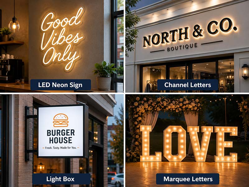 Comparison of LED neon sign, channel letters, light box, and marquee letters for custom business signage