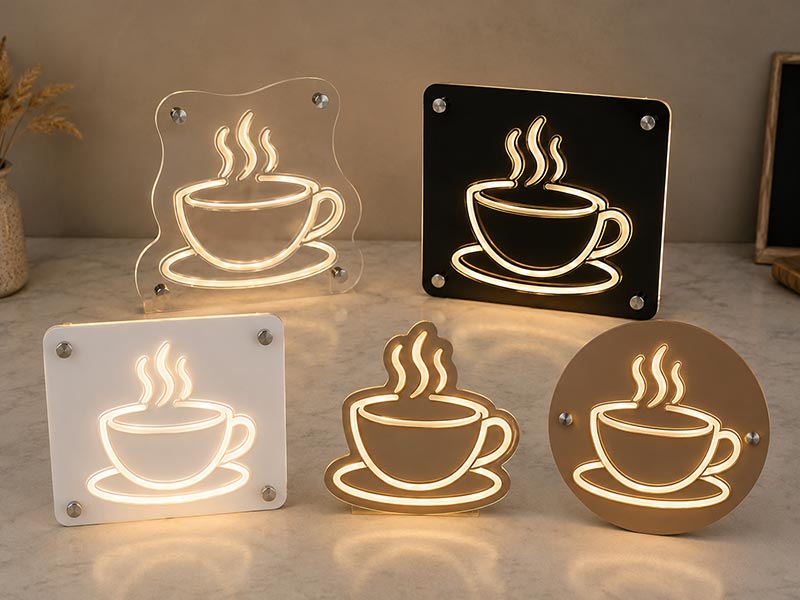 Different acrylic backing shapes for coffee shop LED signs
