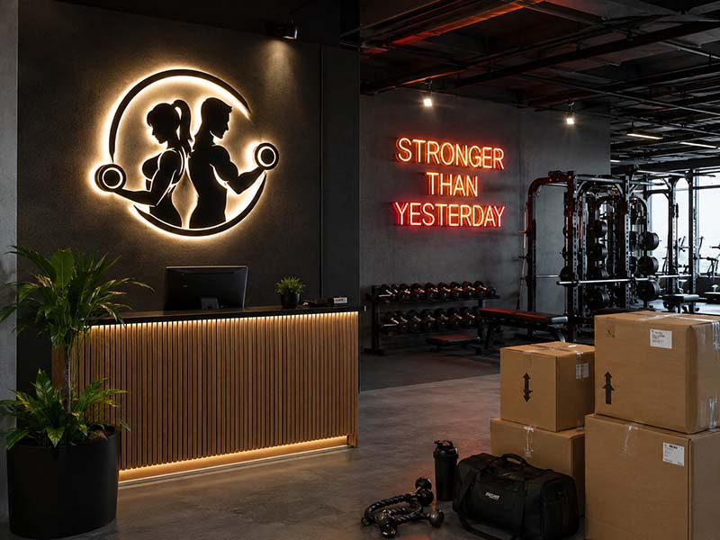 Australia gym using custom acrylic LED logo signs and LED neon wall signs from China
