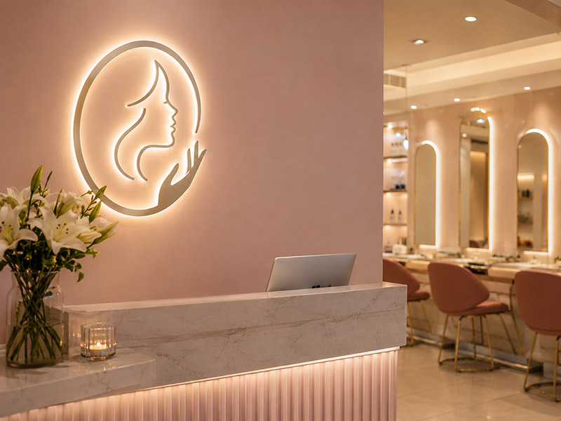 Backlit acrylic LED logo sign for a beauty salon wall