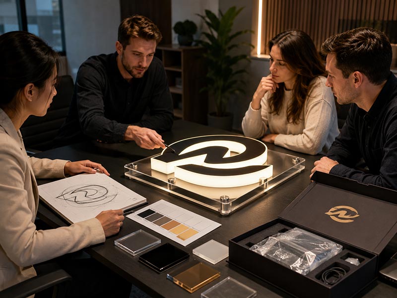 Brand team reviewing acrylic LED logo sign sample and color materials