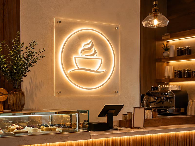 Warm backlit acrylic LED logo sign on a cafe counter wall