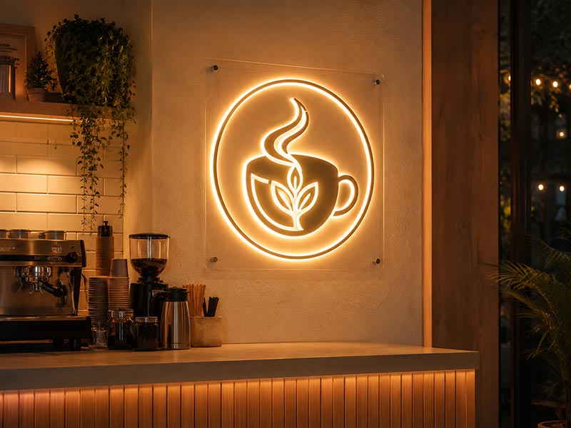 Warm acrylic LED logo sign on a cafe counter wall with hidden wiring and soft lighting