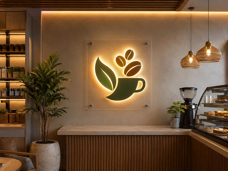 Acrylic LED logo sign for cafe and retail store wall