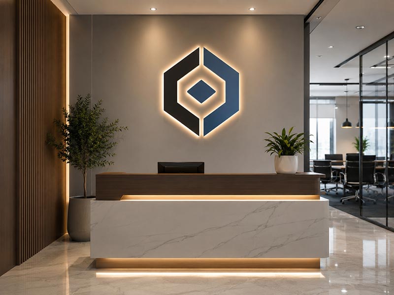 Acrylic LED logo sign for an office reception wall