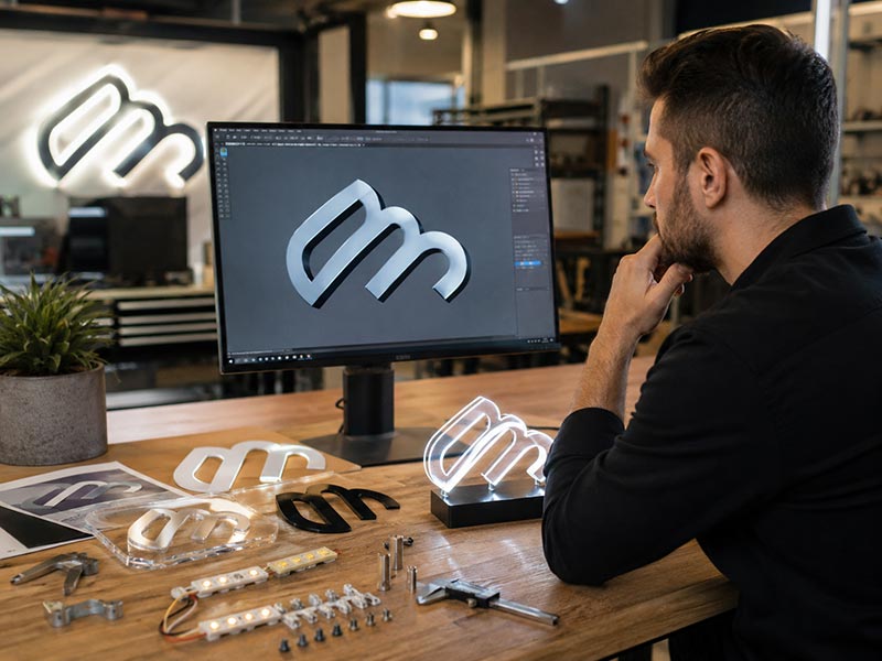 Signage engineer reviewing a logo file for acrylic LED logo sign production