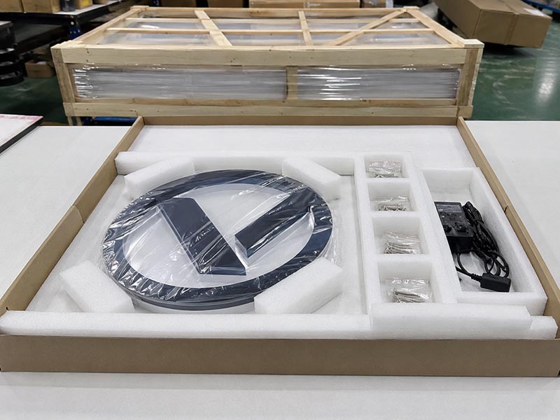 Export packaging for acrylic LED logo signs with protective film, EPE foam, corner guards and accessory bags