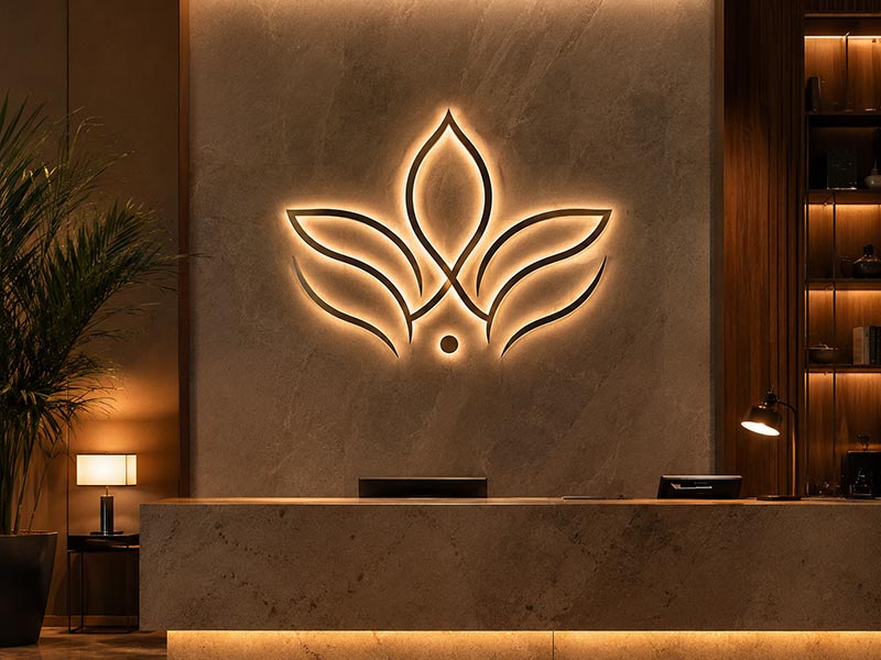 Dual-lit acrylic LED logo sign for a boutique hotel lobby wall