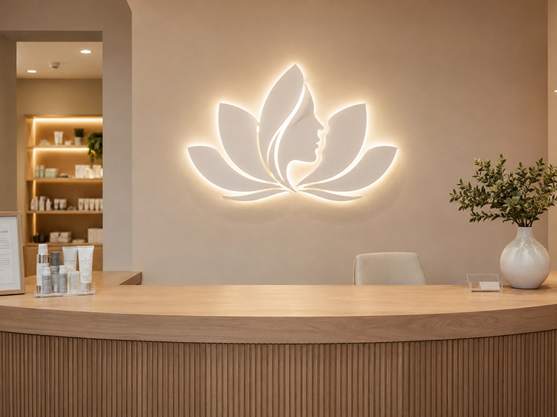 Acrylic LED logo sign with warm 3000K lighting for a med spa reception wall