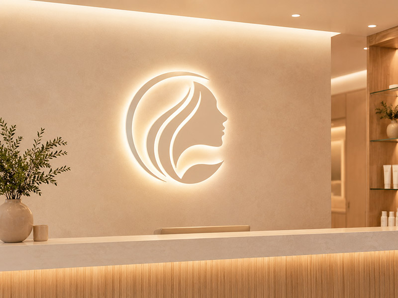 Milky acrylic LED logo sign for a med spa reception wall
