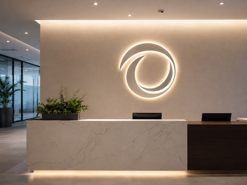 Backlit acrylic LED logo sign for a modern office reception wall