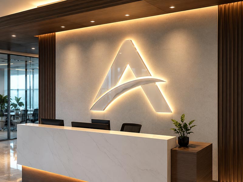 Custom acrylic LED logo sign with warm backlighting on a modern office reception wall