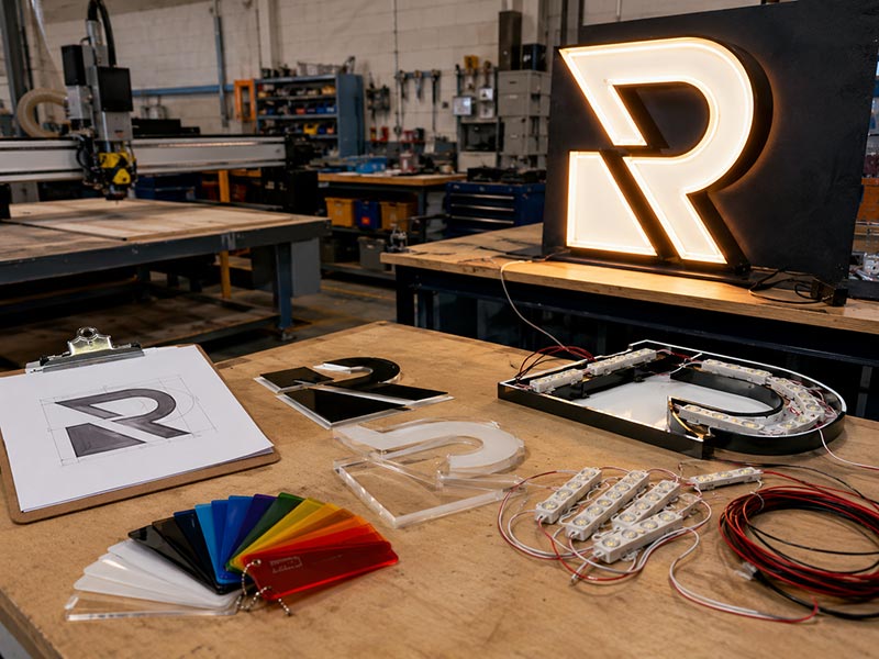 Acrylic LED logo sign production process from logo drawing to LED assembly and lighting test