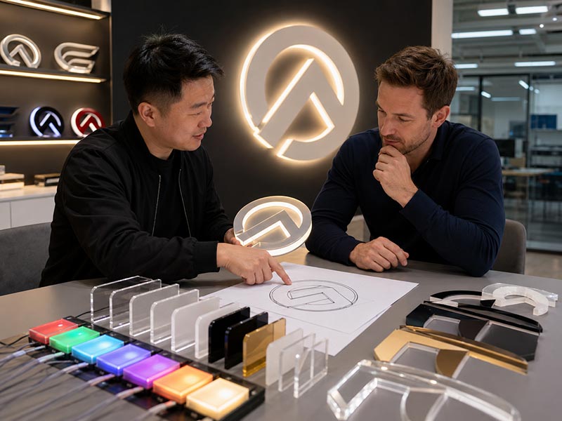Iduoduo team reviewing acrylic LED logo sign samples and project details with a business client